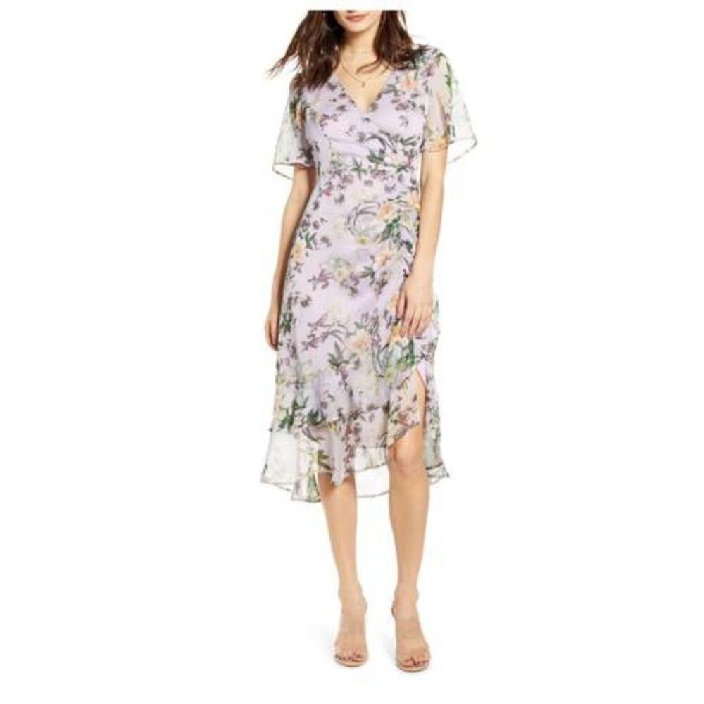 ASTR The Label Cinched Mermaid floral midi dress size medium lavender